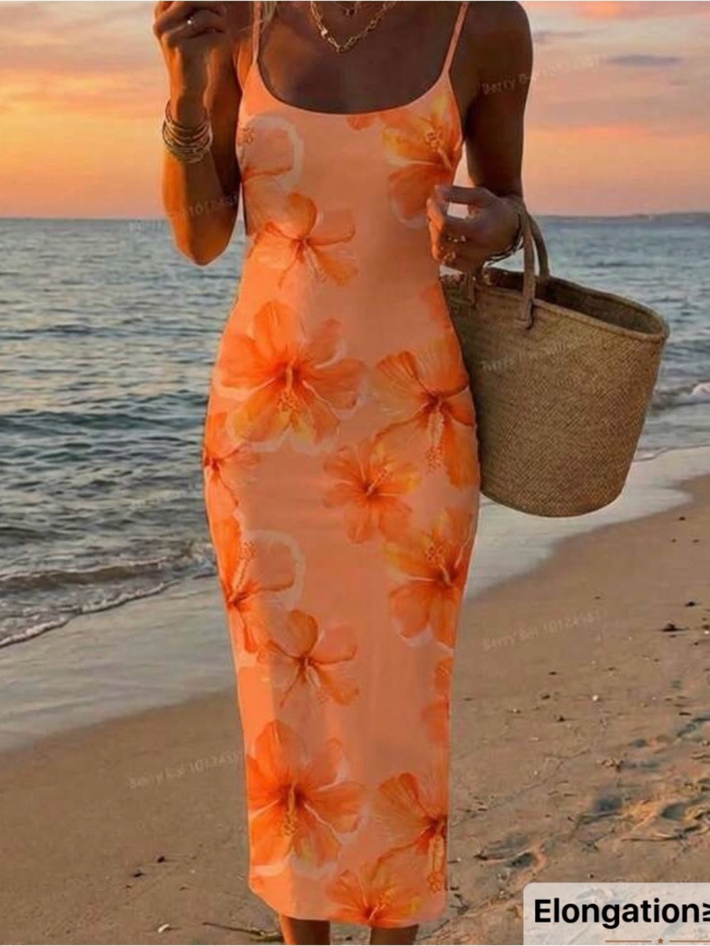SHEIN Orange Floral Slip Midi Dress